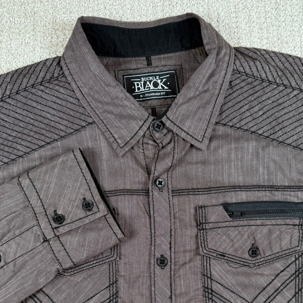Buckle Black Mens Medium Brown Moto Stitch Pinstripe Long Sleeve Button Up Shirt